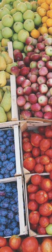Photograph of crated fruits (plums, apples, and so on)