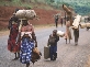 Photograph of refugees walking along a road carrying their belongings