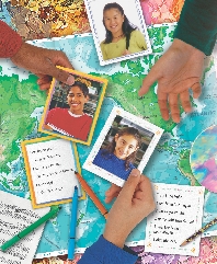 Photograph of students trading photo cards about themselves with each other