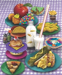 Illustration of humorous foods on plates at a table