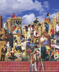 Photograph of a collage showing people doing various jobs