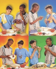 Photographs of two friends making lunch together