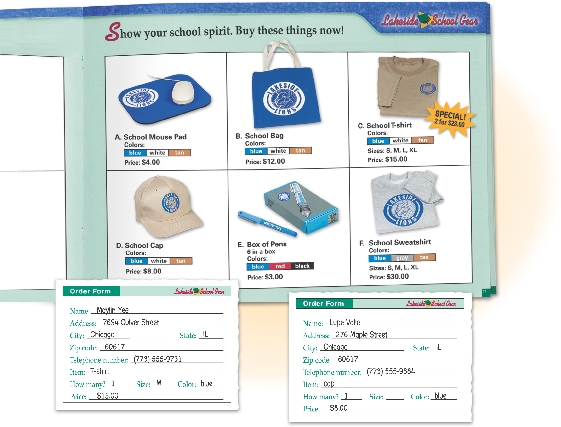 Photograph of catalog page showing school gear and two completed order forms