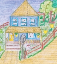 Photograph of a child's drawing of a house and yard