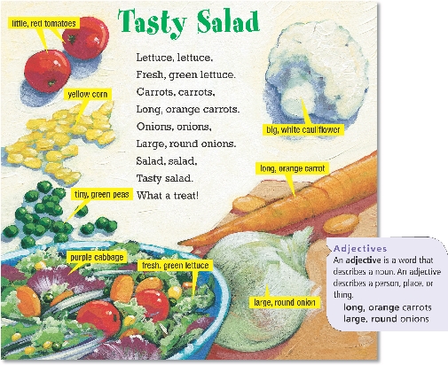 

Tasty Salad

Lettuce, lettuce,
Fresh, green lettuce.
Carrots, carrots,
Long, orange carrots.
Onions, onions,
Large, round onions.
Salad, salad,
Tasty salad.
What a treat!

