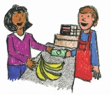 Illustration of a woman at a cash register buying bananas