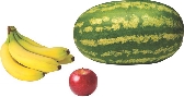 Photograph of bananas, an apple, and a watermelon