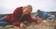 Photograph of a geologist using a tool at a site