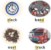 Photographs: a clock with the word “clock;” a marching band with the word “band;” a bird's nest with the word “nest;” a truck with the word “truck”