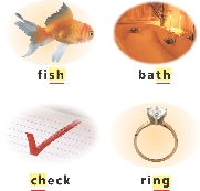 Photographs: a fish with the word “fish;” a bathtub with the word “bath;” a check mark with the word “check;” a ring with the word “ring”