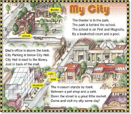 

My City

The theater is in the park.
The park is behind the school.
The school is on First and Magnolia,
By a basketball court and a pool.


Dad’s office is above the bank.
City Parking is below City Hall.
City Hall is next to the library,
Just in back of the mall.


The museum stands by itself,
Between a pet shop and a café.
Down the street is a great little market.
Come and visit my city some day!

