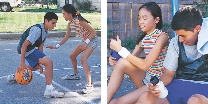 Photographs: two teens playing basketball; same two teens sitting on ground