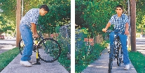 Photographs: a teen using an air pump on a bicycle; same teen riding the same bicycle