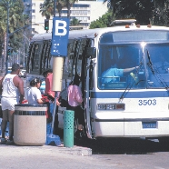 Photograph of several people boarding a bus at a bus stop with a trash can nearby