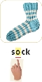 Photograph of a sock with the word “sock” below. A finger points to the “o” in “sock.”