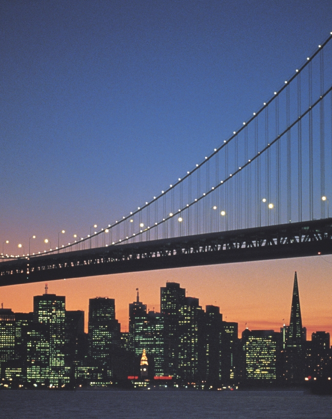 Photograph of San Francisco and the Golden Gate Bridge at night