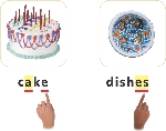 Illustrations of a cake and dishes. Below them: words “cake” and “dishes” with finger pointing to “e” and “es.”