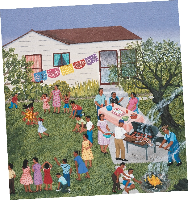 This painting is called “Barbacoa para Cumpleaños” (Birthday Barbeque) and was painted by artist Carmen Lomas Garza in 1993. It is about a family party.