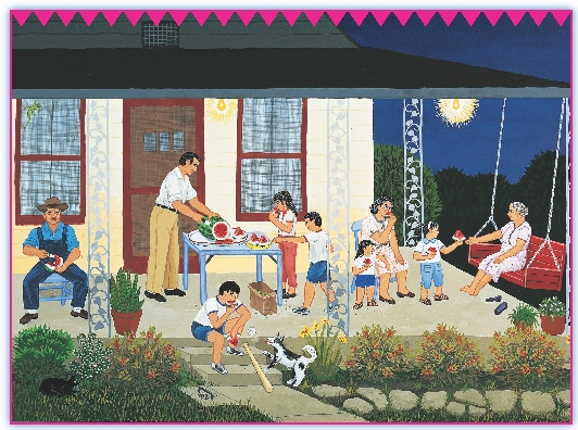 This painting called “Sandía/Watermelon” shows a family eating and talking together. It was painted in 1986 by Carmen Lomas Garza.