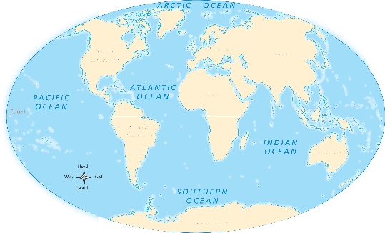 This map shows the ocean and land areas on Earth’s surface.