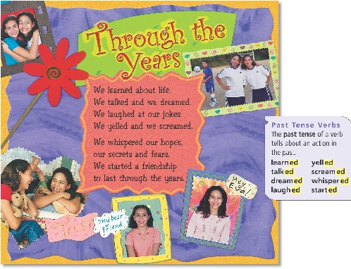 
Through the Years

We learned about life.
We talked and we dreamed.
We laughed at our jokes.
We yelled and we screamed.


We whispered our hopes,
our secrets and fears.
We started a friendship
to last through the years.



Past Tense Verbs
The past tense of a verb tells about an action in the past.

learn ed
talk ed
dream ed
laugh ed
yell ed
scream ed
whisper ed
start ed

