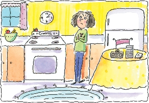 Illustration of a girl (Eva) in a kitchen, tapping her foot