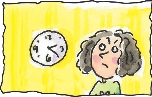 Illustration of Eva looking at the kitchen clock showing 2:20