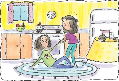 Illustration of Veronica helping Eva up from the kitchen floor