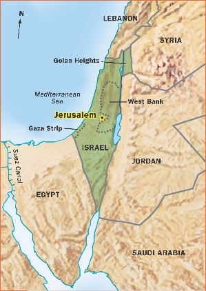 Illustration of a map of part of the middle east highlighting several locations in Israel