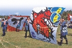 Photograph of a team with their kite on the ground at the Japanese Kite Festival