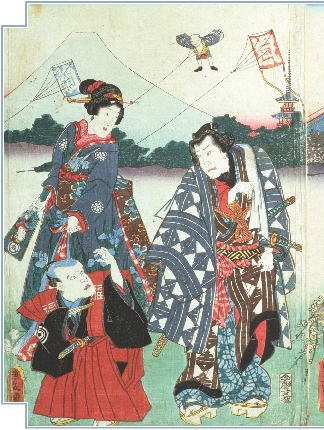 Photograph of old painting of Kite Festival with people in traditional Japanese dress