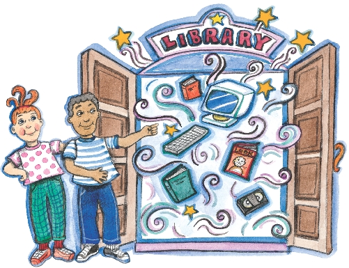 Illustration of children standing at the doors of a library with various resources shown inside