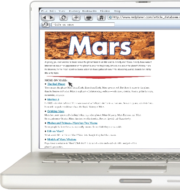 Illustration of a laptop screen with website links of related topics about Mars