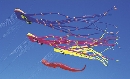 Photograph of several colorful kites flying side by side