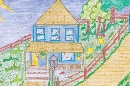 Photograph of a child's drawing of a home and yard