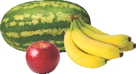 Photograph of a watermelon, bunch of bananas, and an apple