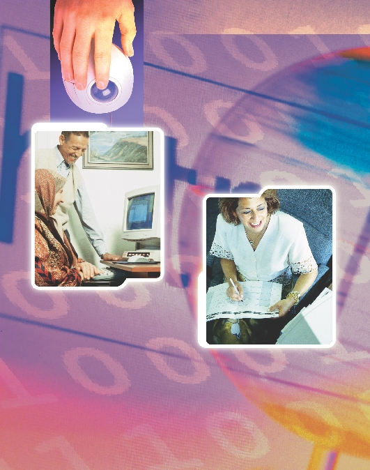 two photographs of a woman looking at a computer screen and of an elderly woman and man looking at a computer screen