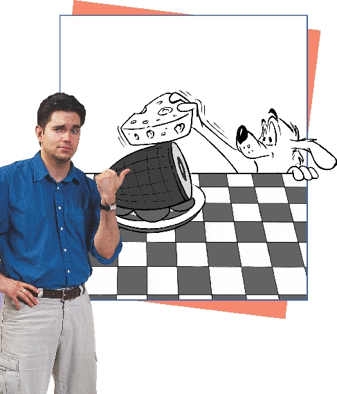 photograph of artist pointing to cartoon dog placing ham and cheese on a plate