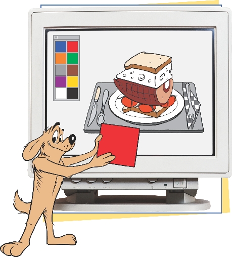 illustration of cartoon dog adding color to the picture of the sandwich on the computer