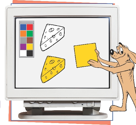 illustration of cartoon dog adding yellow color to picture of cheese on computer screen