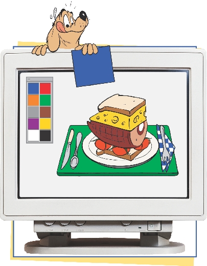 illustration of cartoon dog adding blue color to picture of napkin on computer screen