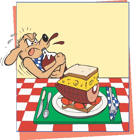 illustration of cartoon dog opening a soda bottle at table with sandwich on it