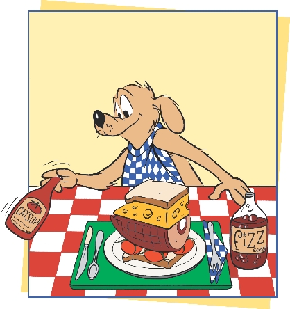 illustration of cartoon dog at table holding a bottle of ketchup