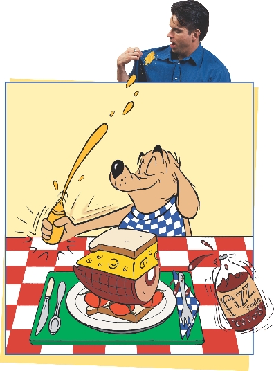 illustration of cartoon dog at table opening a bottle of mustard