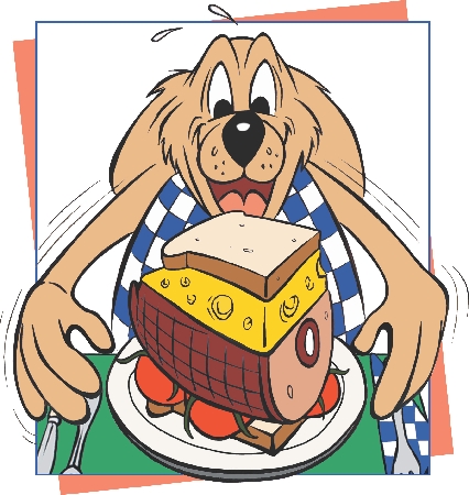 illustration of cartoon dog seated at table eating the sandwich