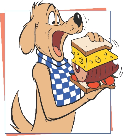 illustration of cartoon dog (Dingo) taking a bite of the sandwich