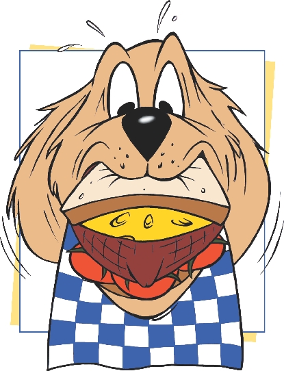 illustration of cartoon dog with sandwich in its mouth