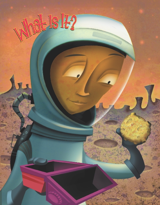 illustration of cartoon astronaut holding treasure box and strange object