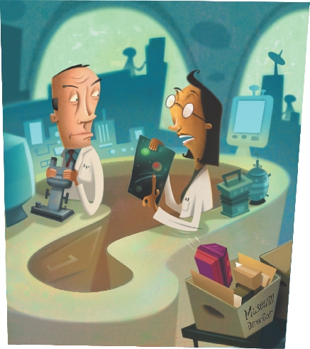 illustration of a male and a female cartoon scientist working in a laboratory