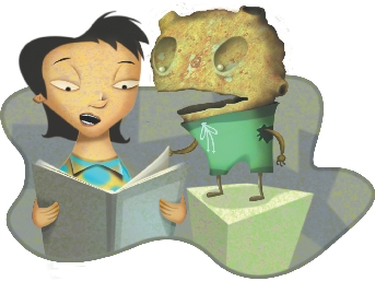 illustration of female teacher reading a book to the strange creature